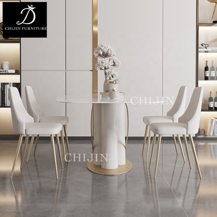 Modern Cream Style Stone Dining Table and Chairs Set of 4 Stainless Steel Base Kitchen Table Furniture