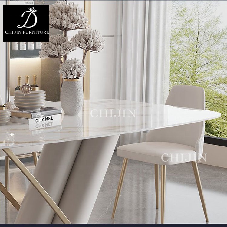 Modern Cream Style Stone Dining Table and Chairs Set of 4 Stainless Steel Base Kitchen Table Furniture
