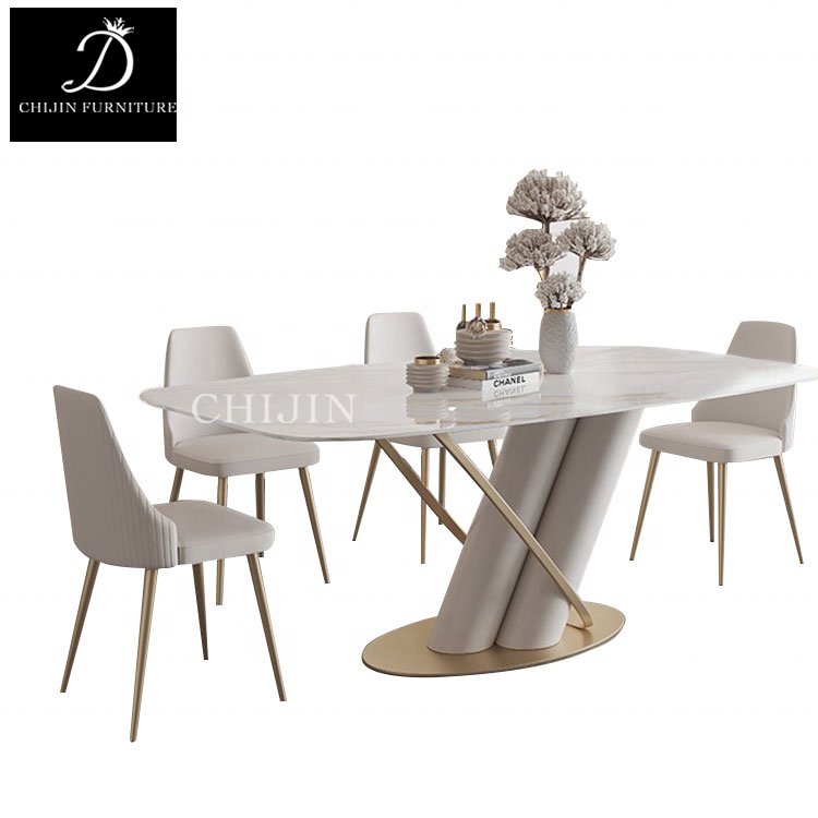 Modern Cream Style Stone Dining Table and Chairs Set of 4 Stainless Steel Base Kitchen Table Furniture