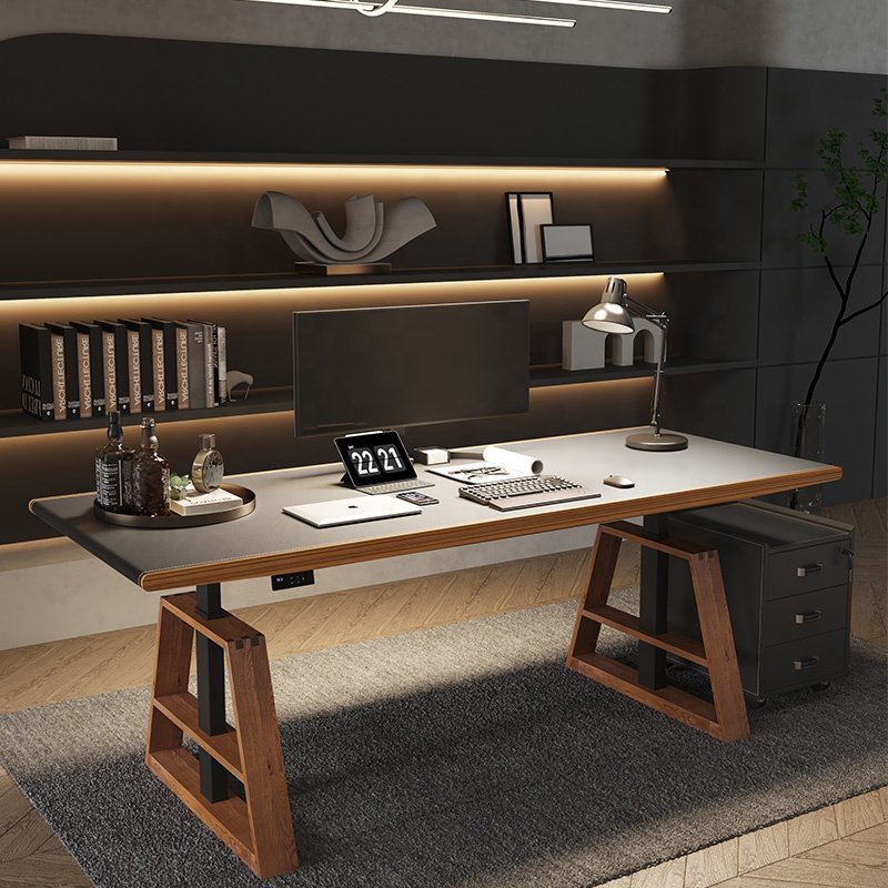 Luxury boss executive ergonomic Modern Office Electric Sit Standing desk Control Height Wooden adjustable Table For Workstation