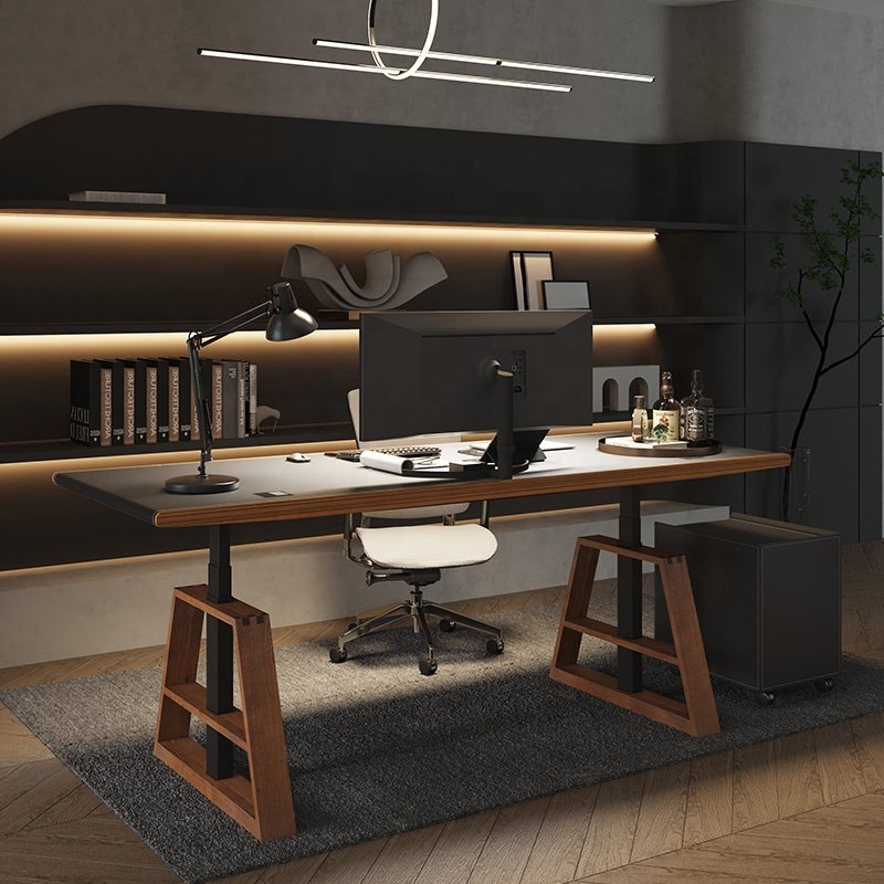 Luxury boss executive ergonomic Modern Office Electric Sit Standing desk Control Height Wooden adjustable Table For Workstation
