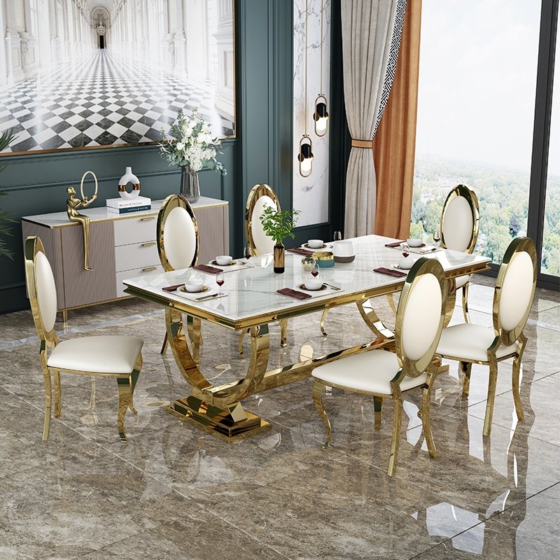 Foshan furniture marble dining table set restaurant gold metal luxury dining table with 6 chairs for sale