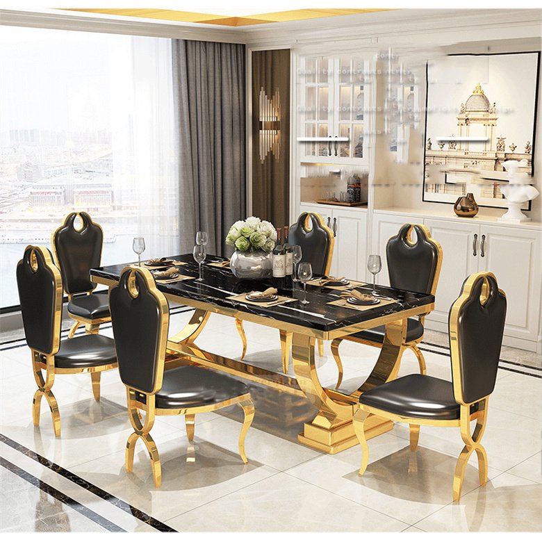 Foshan furniture marble dining table set restaurant gold metal luxury dining table with 6 chairs for sale