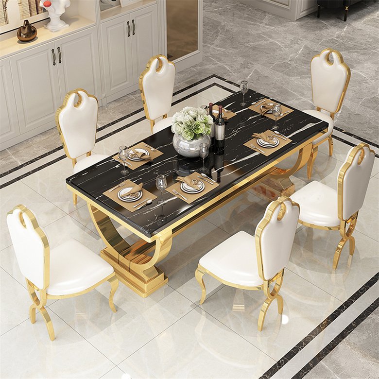 Foshan furniture marble dining table set restaurant gold metal luxury dining table with 6 chairs for sale