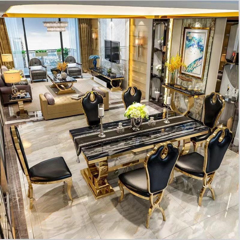 Foshan furniture marble dining table set restaurant gold metal luxury dining table with 6 chairs for sale