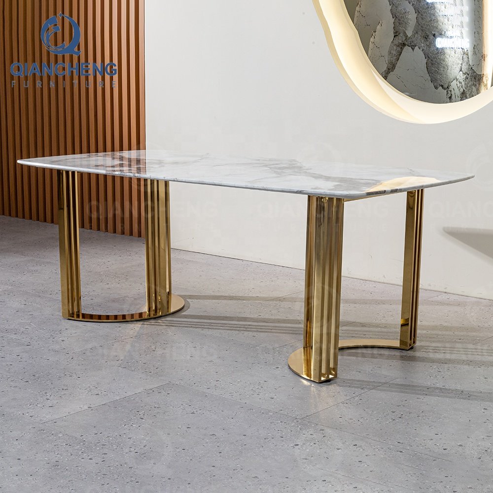 Foshan furniture modern design stainless steel dining table set 6 chairs golden dining room table
