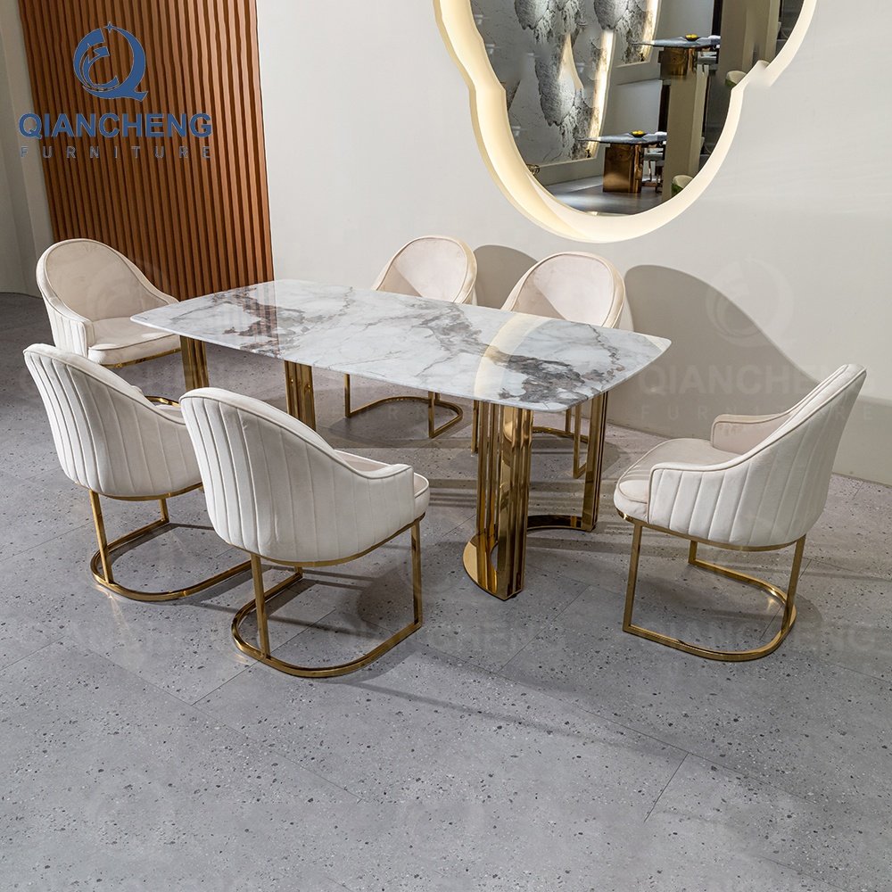 Foshan furniture modern design stainless steel dining table set 6 chairs golden dining room table