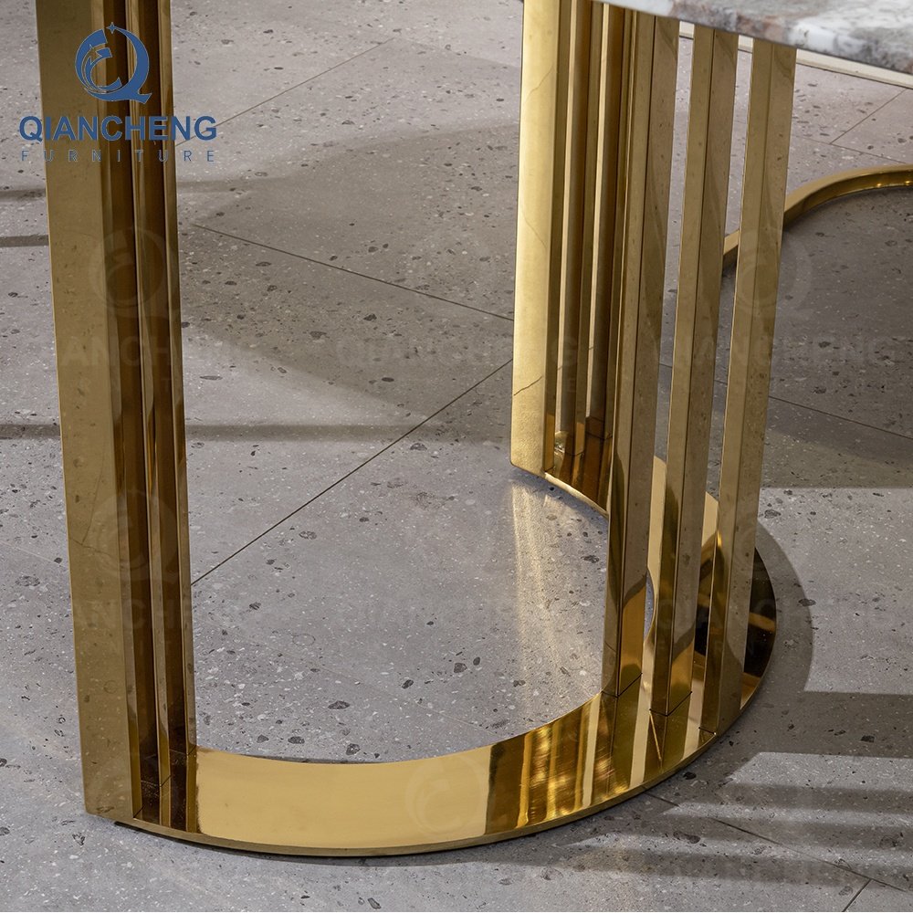 Foshan furniture modern design stainless steel dining table set 6 chairs golden dining room table
