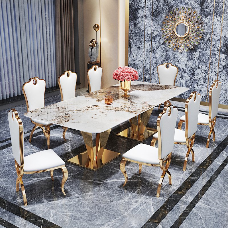 Luxury Stainless steel Marble Dining Table Modern Simple Rectangular for Villa Hotel Apartment Dining Room Furniture