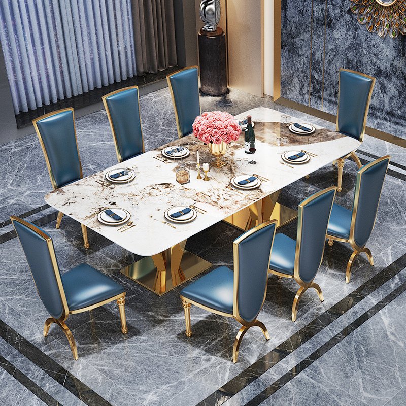 Luxury Stainless steel Marble Dining Table Modern Simple Rectangular for Villa Hotel Apartment Dining Room Furniture