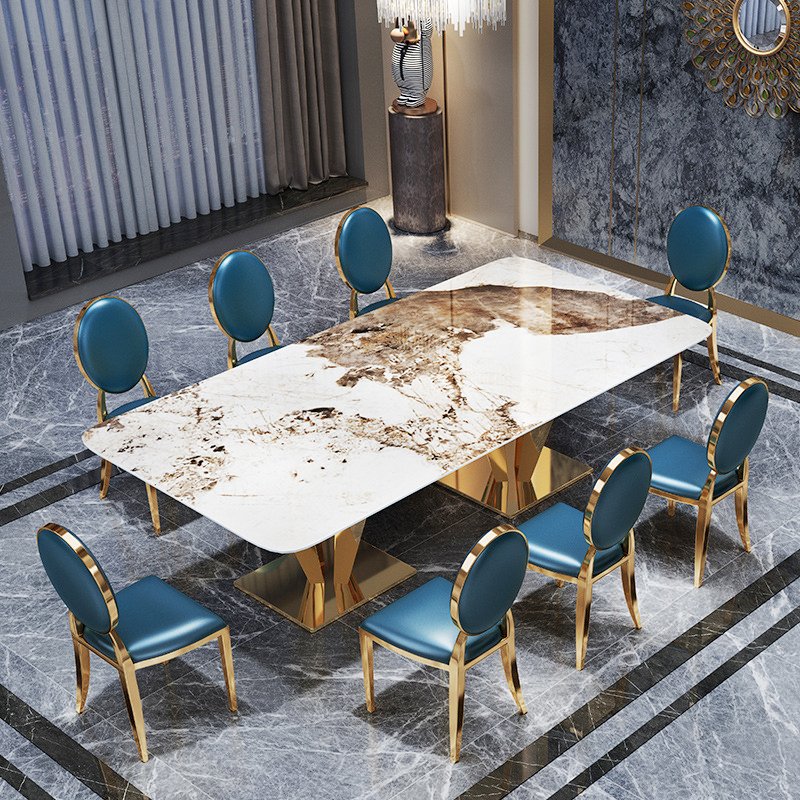 Luxury Stainless steel Marble Dining Table Modern Simple Rectangular for Villa Hotel Apartment Dining Room Furniture