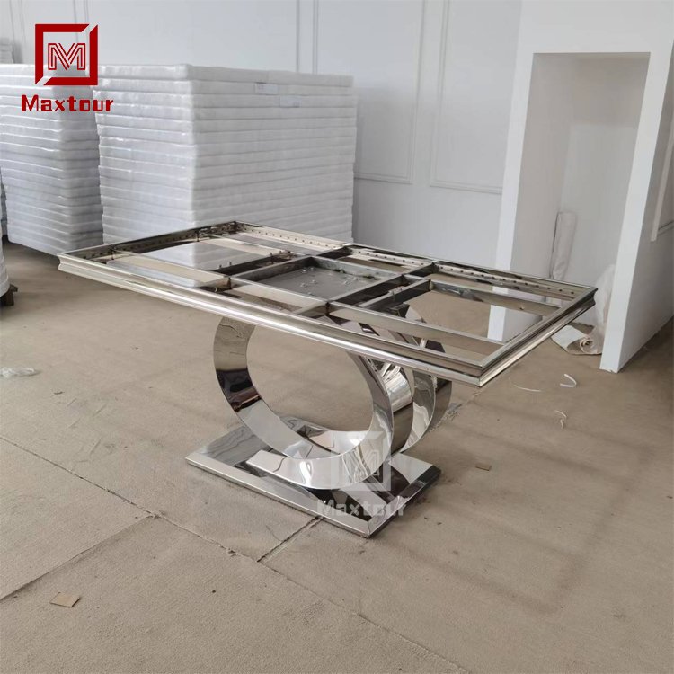 New strong dining room furniture silver stainless steel base and marble top dining table 6 chairs set