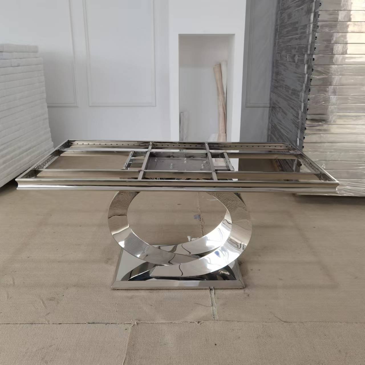 New strong dining room furniture silver stainless steel base and marble top dining table 6 chairs set