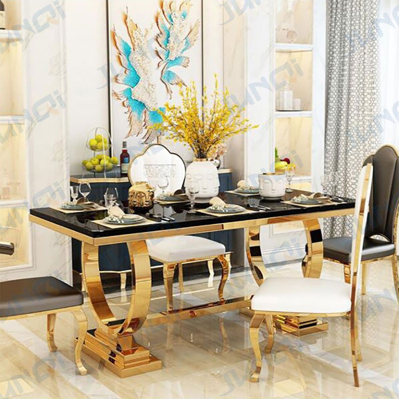 Hot selling modern luxury gold or silver living room table and chairs rectangular dining table