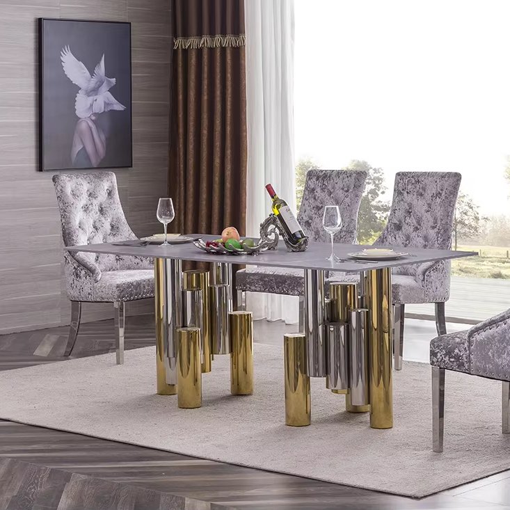 Factory wholesale price restaurant furniture luxury golden stainless steel base clear glass dining table set