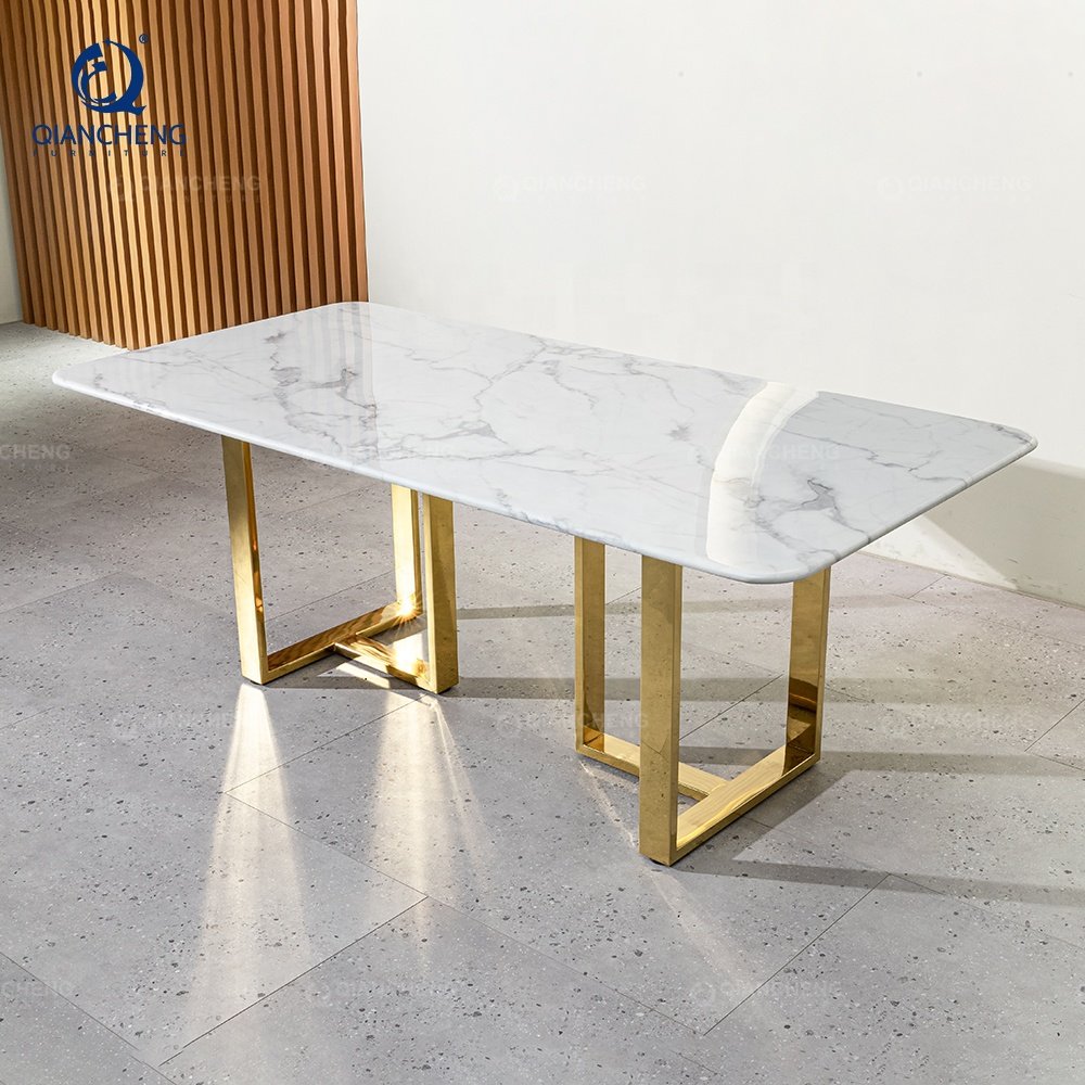 QIANCHENG mirror golden stainless steel dining table set image trend 2023 dinning room furniture tables only from italy