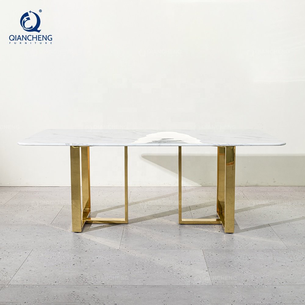 QIANCHENG mirror golden stainless steel dining table set image trend 2023 dinning room furniture tables only from italy