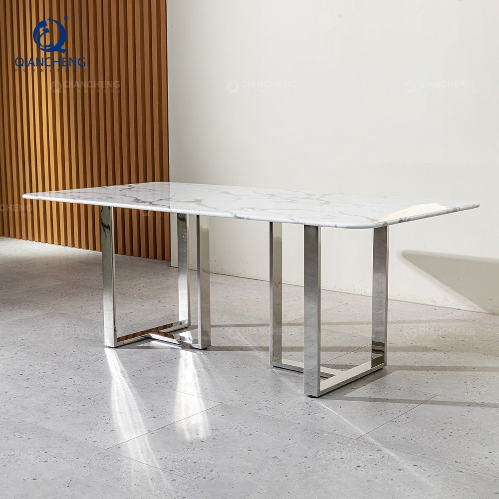 QIANCHENG mirror golden stainless steel dining table set image trend 2023 dinning room furniture tables only from italy