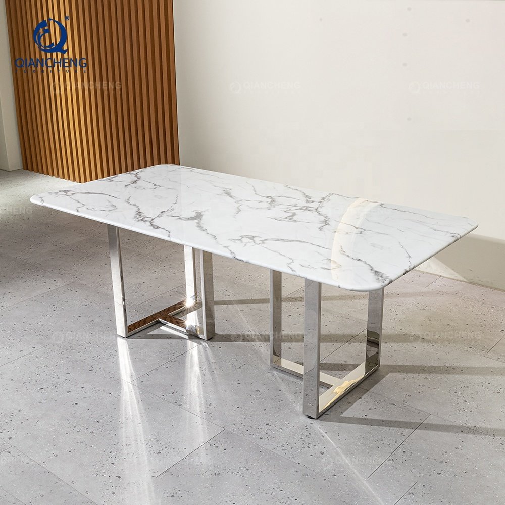 QIANCHENG mirror golden stainless steel dining table set image trend 2023 dinning room furniture tables only from italy