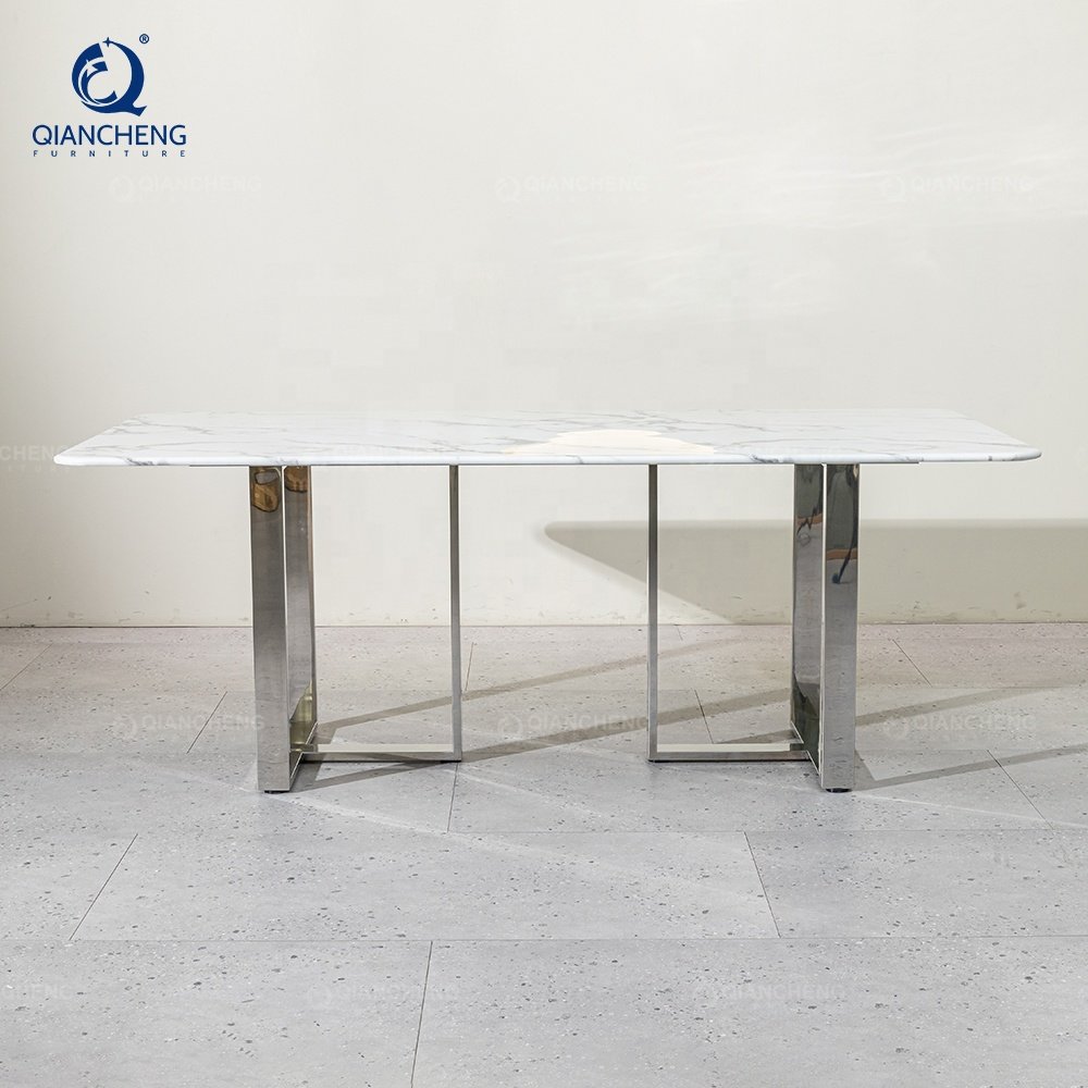 QIANCHENG mirror golden stainless steel dining table set image trend 2023 dinning room furniture tables only from italy