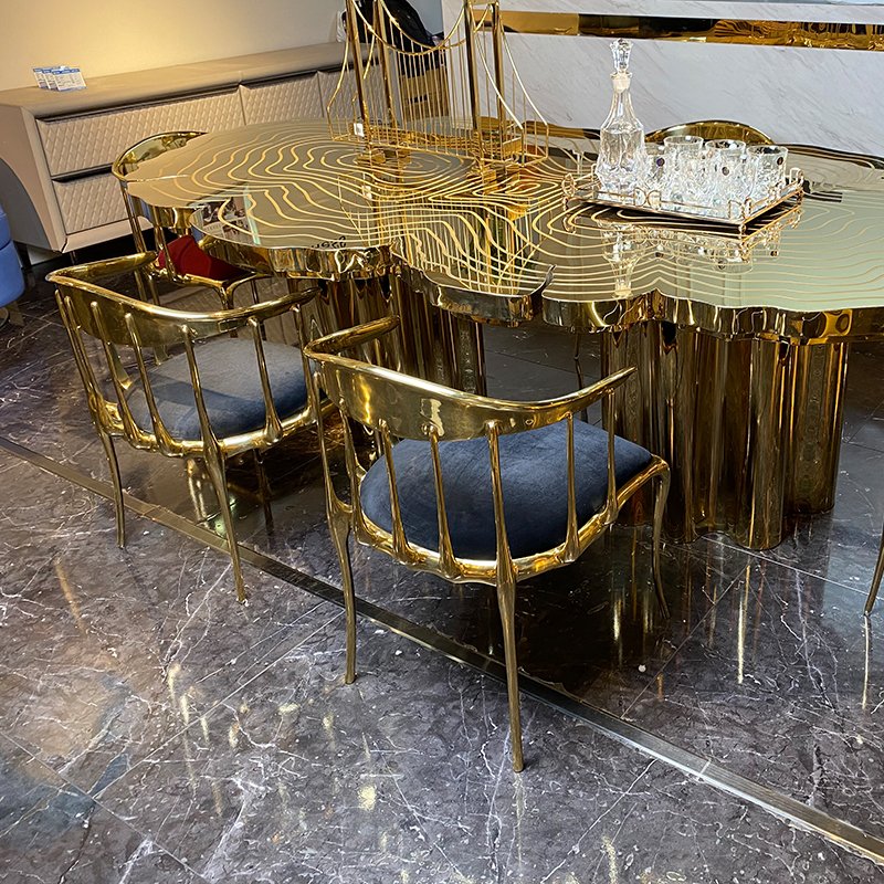 Kf Casa Modern High Quality Unique Italian Design Stainless Steel Base Dining Room Table Luxury Metal Top Dinning Table Set