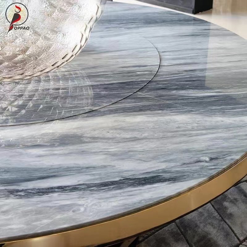 Modern Luxury Pedestal Dining Table Set SPARKLE Stainless Steel with Villa Marble Top and Sintered Stone for Hotels