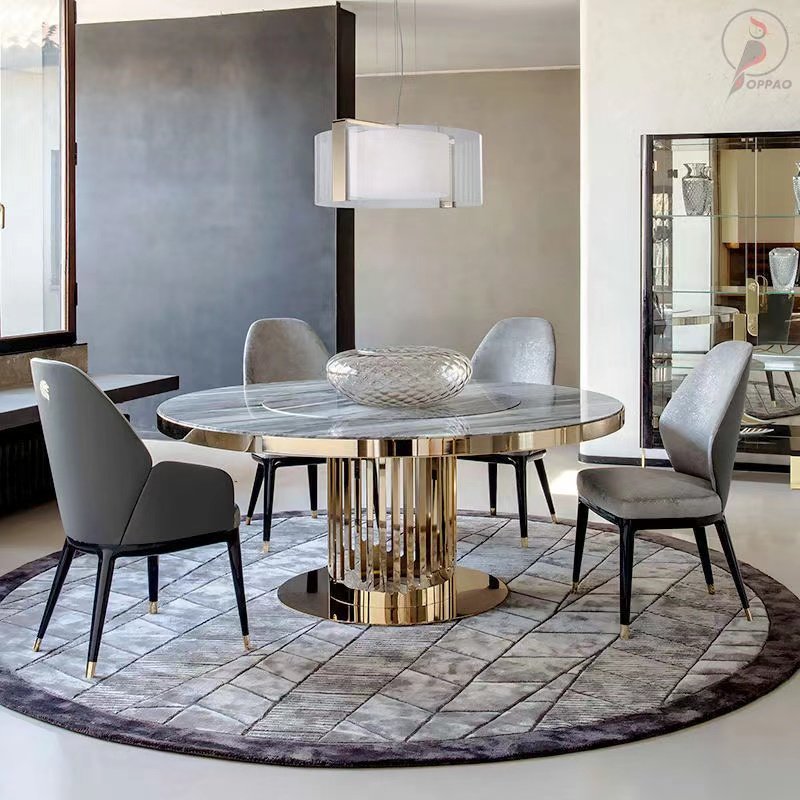 Modern Luxury Pedestal Dining Table Set SPARKLE Stainless Steel with Villa Marble Top and Sintered Stone for Hotels