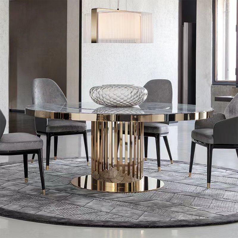 Modern Luxury Pedestal Dining Table Set SPARKLE Stainless Steel with Villa Marble Top and Sintered Stone for Hotels