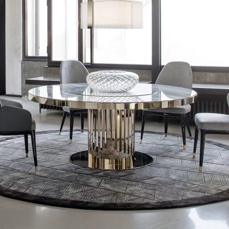 Modern Luxury Pedestal Dining Table Set SPARKLE Stainless Steel with Villa Marble Top and Sintered Stone for Hotels