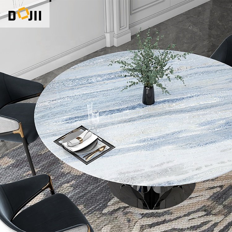 High Quality Unique Shiny Silver Legged New Model Kitchen Marble Top Stylish Dining Room Furniture Set of 4 with Round Table