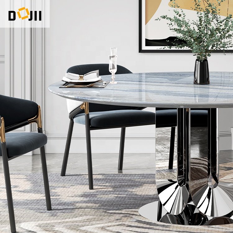 High Quality Unique Shiny Silver Legged New Model Kitchen Marble Top Stylish Dining Room Furniture Set of 4 with Round Table
