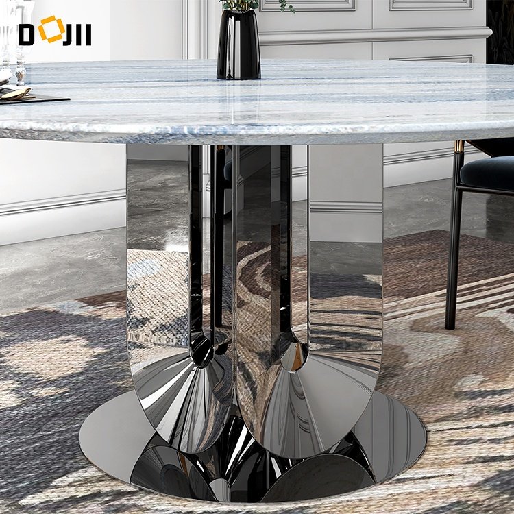 High Quality Unique Shiny Silver Legged New Model Kitchen Marble Top Stylish Dining Room Furniture Set of 4 with Round Table