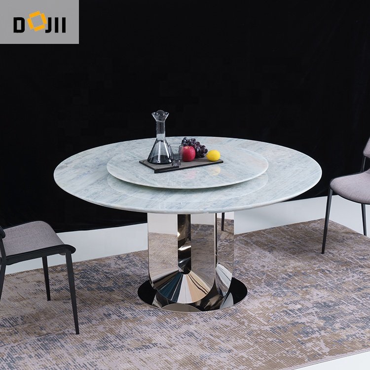 High Quality Unique Shiny Silver Legged New Model Kitchen Marble Top Stylish Dining Room Furniture Set of 4 with Round Table