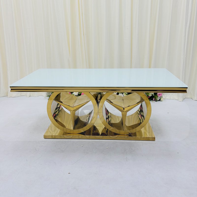 Modern Style Stainless Steel Frame Wedding Dining Table New Outdoor Hotel Furniture with Glass and MDF for Parties and Events