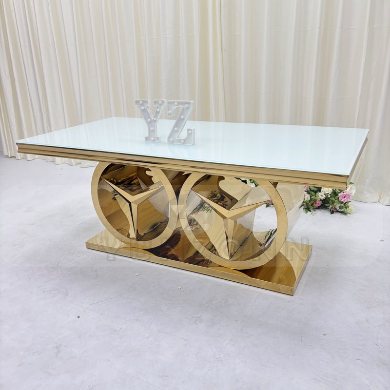 Modern Style Stainless Steel Frame Wedding Dining Table New Outdoor Hotel Furniture with Glass and MDF for Parties and Events