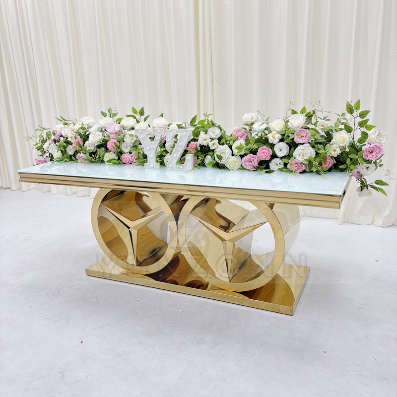 Modern Style Stainless Steel Frame Wedding Dining Table New Outdoor Hotel Furniture with Glass and MDF for Parties and Events