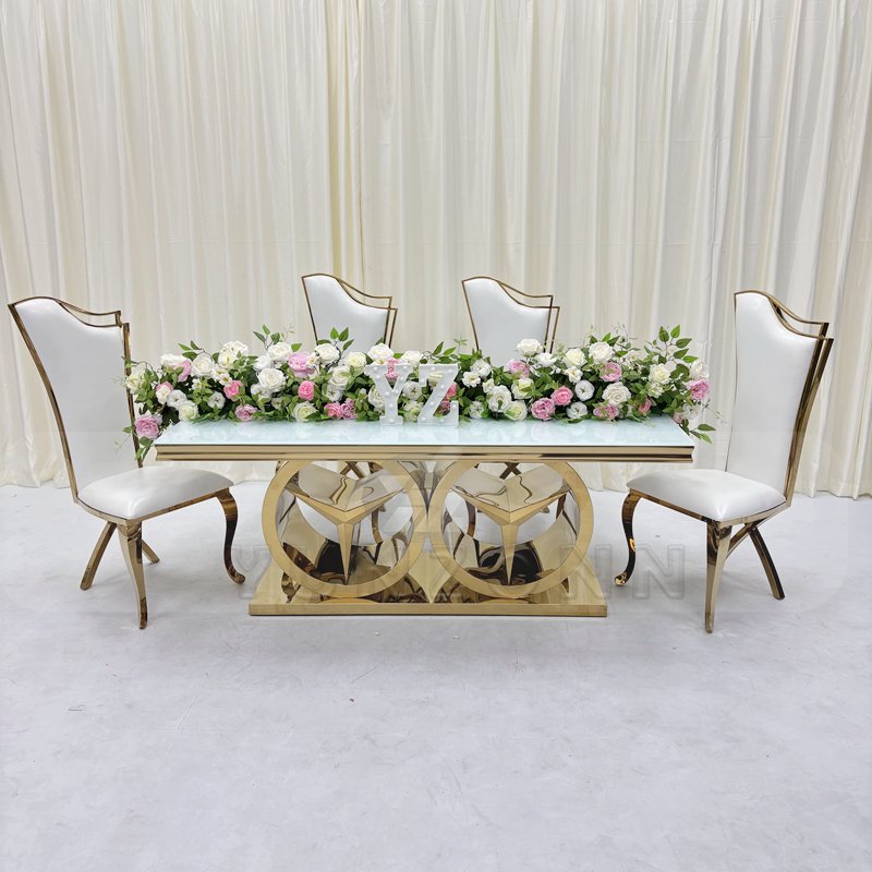 Modern Style Stainless Steel Frame Wedding Dining Table New Outdoor Hotel Furniture with Glass and MDF for Parties and Events