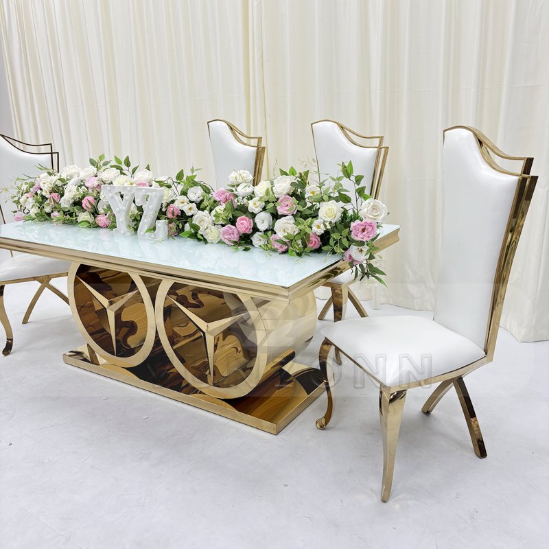 Modern Style Stainless Steel Frame Wedding Dining Table New Outdoor Hotel Furniture with Glass and MDF for Parties and Events