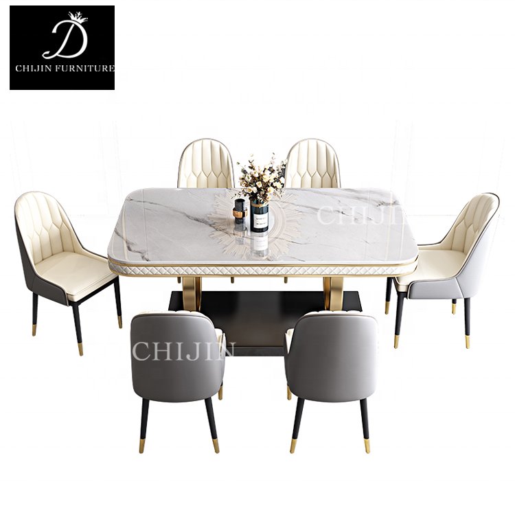 Modern Luxury Stainless Steel Stone Dining Table Furniture Kitchen Table Set 6 Chairs