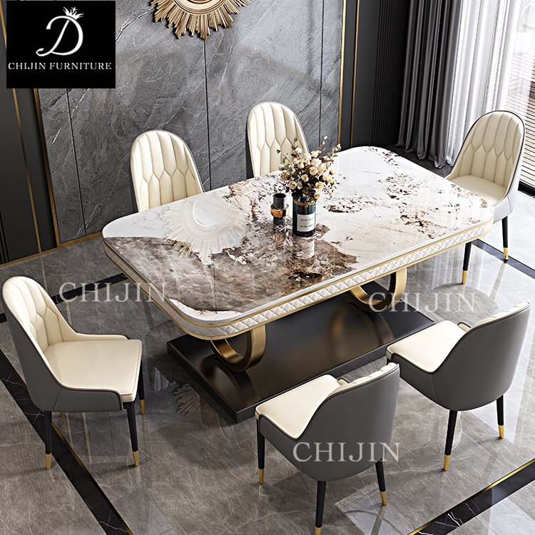 Modern Luxury Stainless Steel Stone Dining Table Furniture Kitchen Table Set 6 Chairs