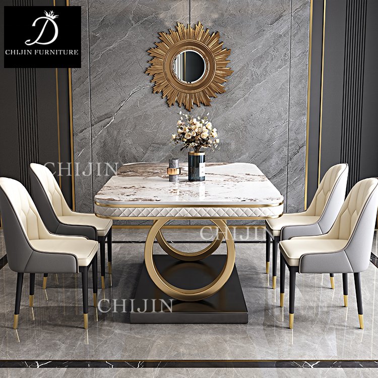 Modern Luxury Stainless Steel Stone Dining Table Furniture Kitchen Table Set 6 Chairs