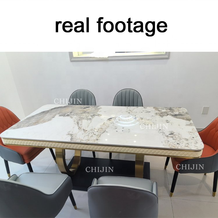 Modern Luxury Stainless Steel Stone Dining Table Furniture Kitchen Table Set 6 Chairs