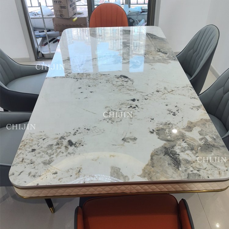 Modern Luxury Stainless Steel Stone Dining Table Furniture Kitchen Table Set 6 Chairs