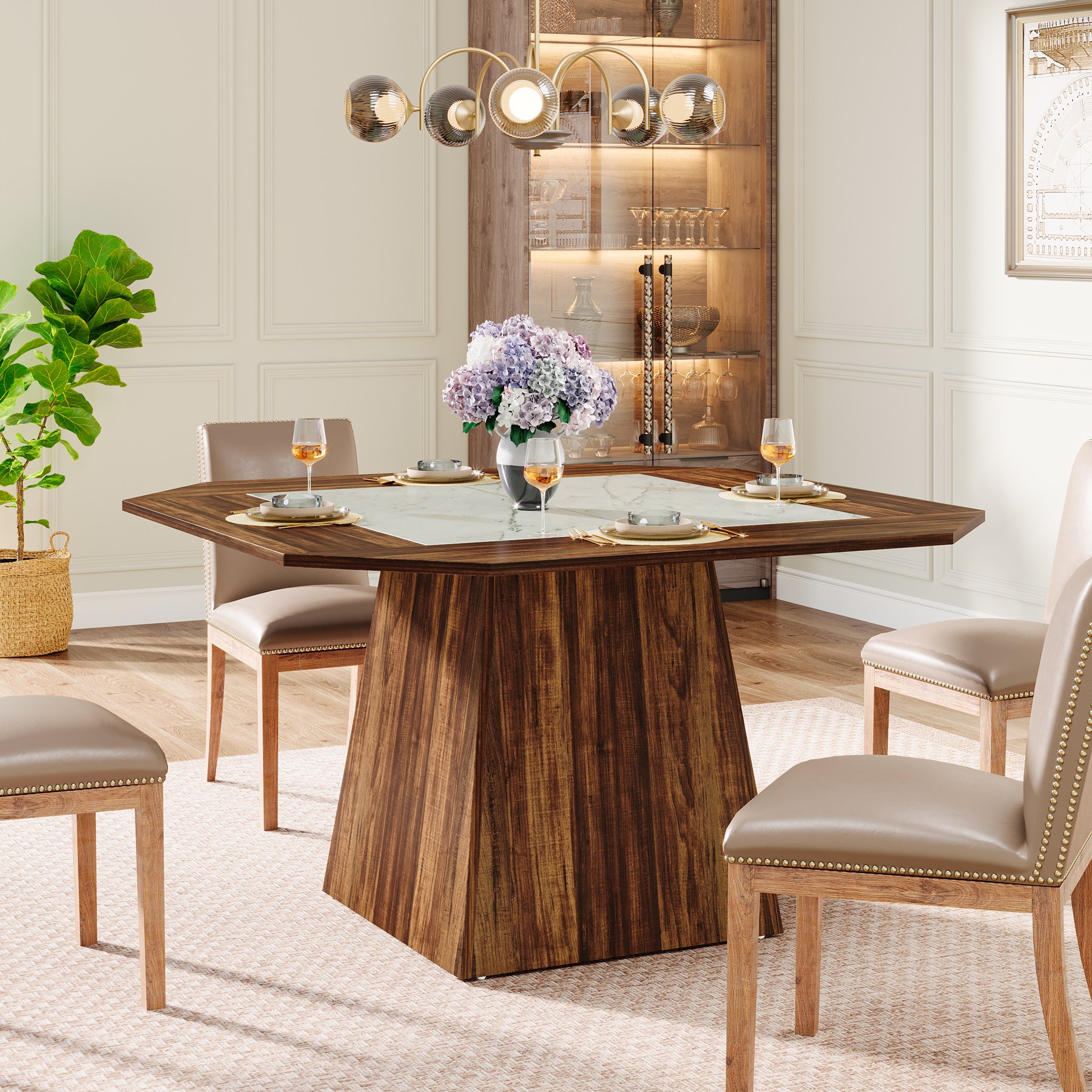 Tribesigns Kitchen Rustic Brown & White Stone / Marble Dining Table Marble Top Dining Tables Rustic Dining Tables