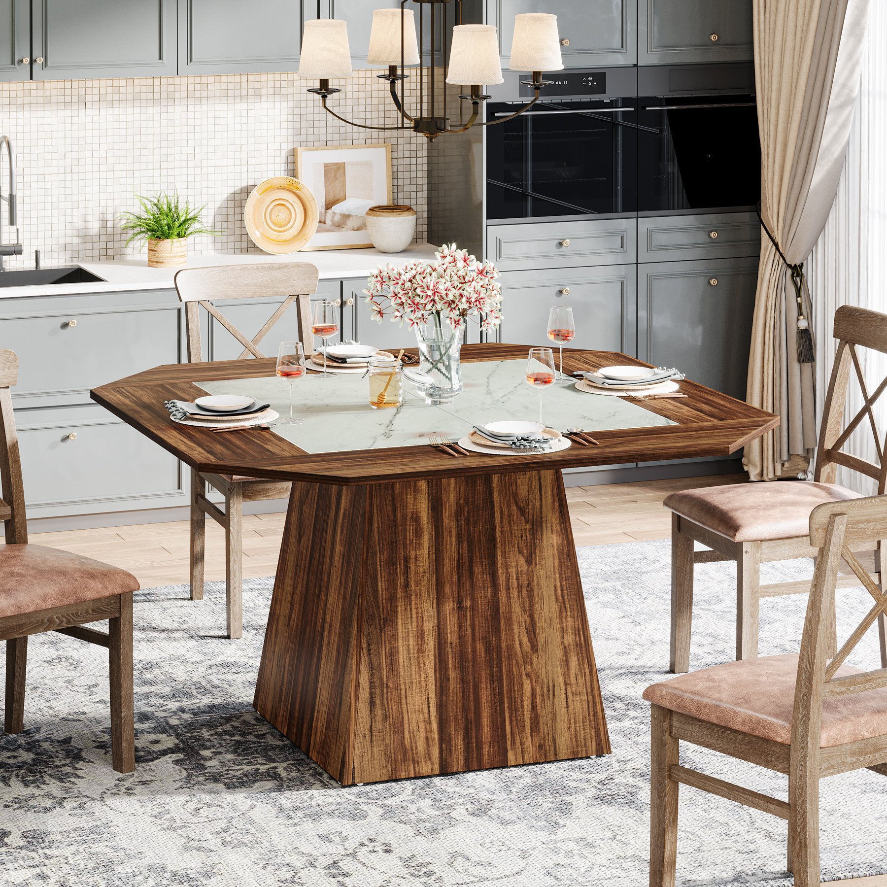 Tribesigns Kitchen Rustic Brown & White Stone / Marble Dining Table Marble Top Dining Tables Rustic Dining Tables