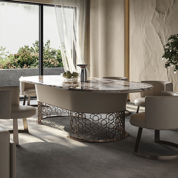 China Modern Luxury Home Furniture Metal Sintered Stone Mable Top Expandable Dining Table Supplier Manufacturer factory company