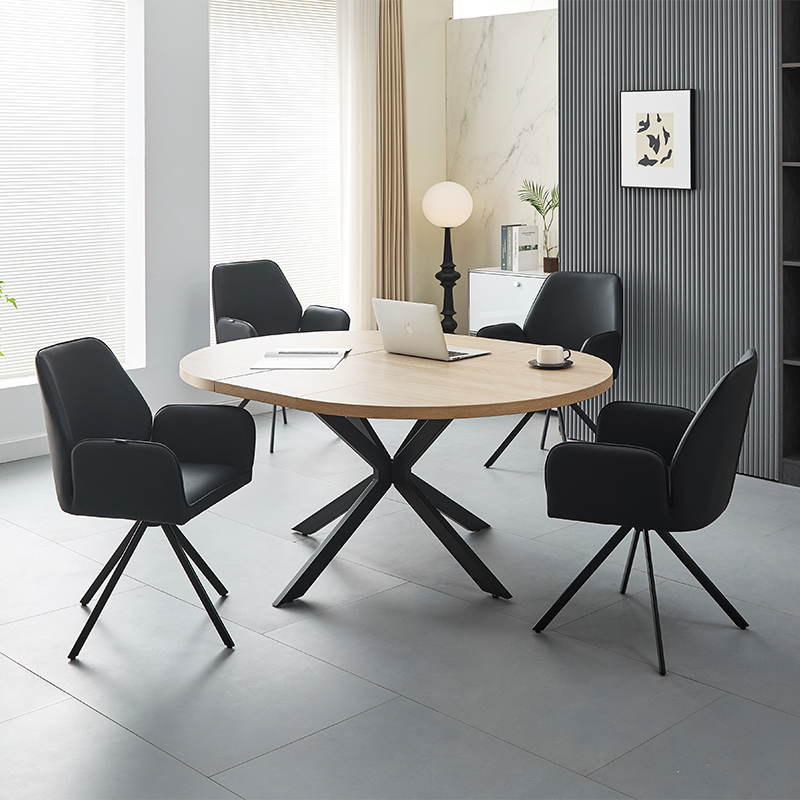 Hot Sale Dining Room Furniture MDF Restaurant Black Metal Legs Round Extendable Dining Table