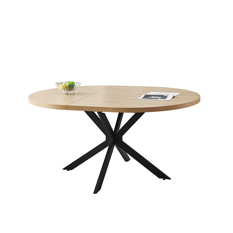 Hot Sale Dining Room Furniture MDF Restaurant Black Metal Legs Round Extendable Dining Table