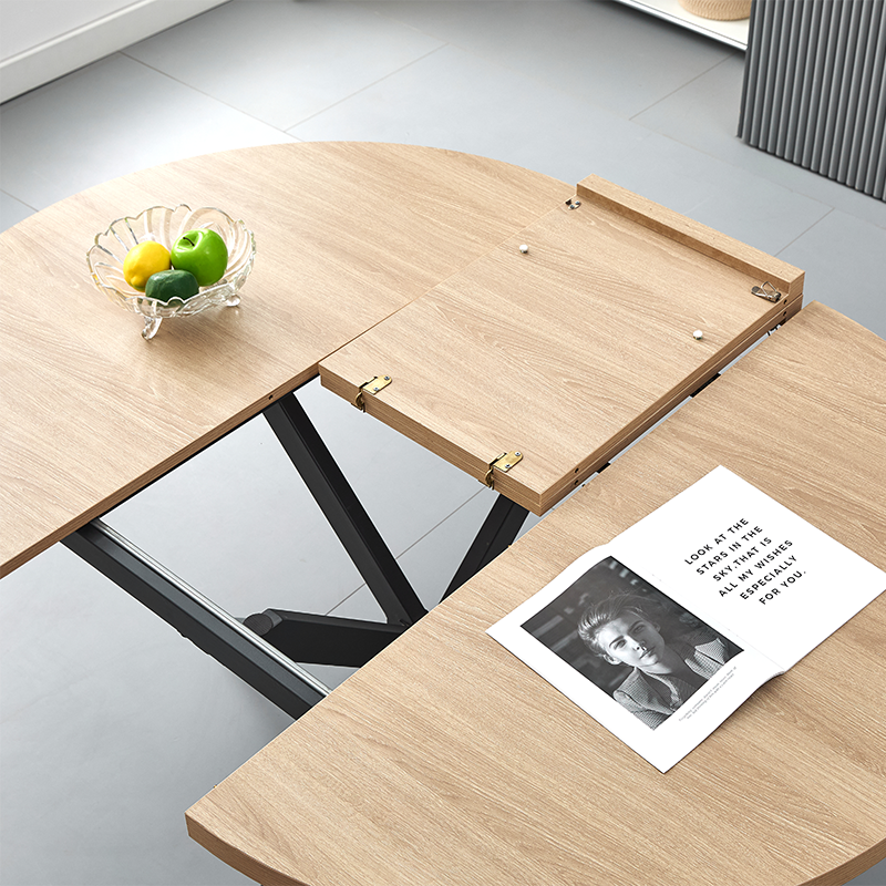 Hot Sale Dining Room Furniture MDF Restaurant Black Metal Legs Round Extendable Dining Table