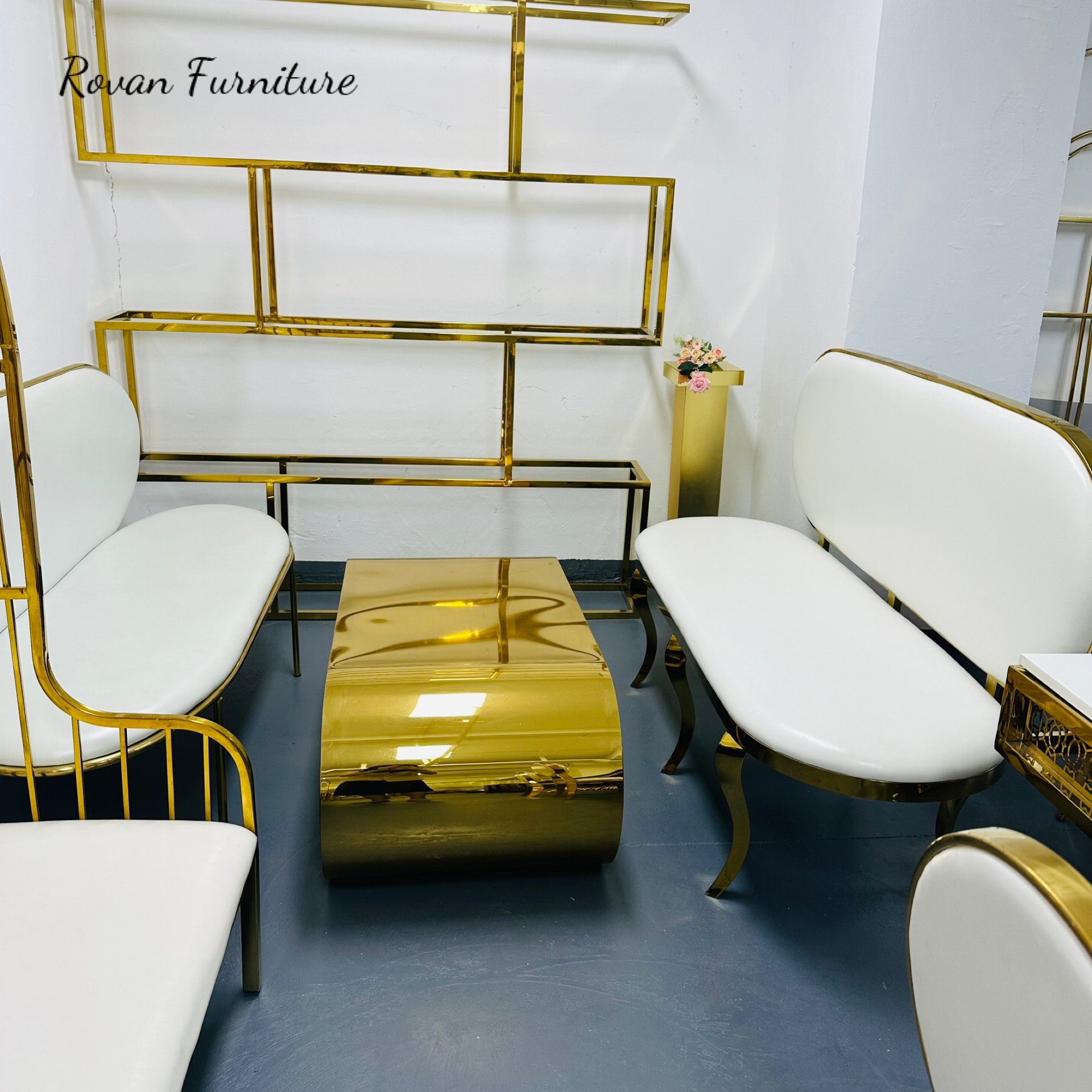 New design high end gold stainless steel luxury rectangular coffee table for wedding and event used